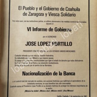 CARTEL ANTIGUO ORIGINAL DE COAHUILA FELICITA A LOPEZ PORTILLO POR VI INFORME 1982 /N91