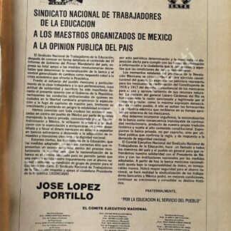 CARTEL ANTIGUO ORIGINAL DE SNTE APOYO A LOPEZ PORTILLO 1982 /N90