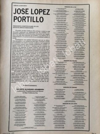 CARTEL ANTIGUO ORIGINAL DE CARTA DE BAJA CALIFORNIA SUR A LOPEZ PORTILLO 1982 /N86
