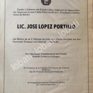 CARTEL ANTIGUO ORIGINAL DE AGUASCALIENTES FELICITA A JOSE LOPEZ PORTILLO 1981 /70