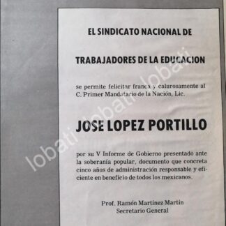 CARTEL ANTIGUO ORIGINAL DE SINDICATO DE MAESTROS FELICITA A JOSE LOPEZ PORTILLO 1981 /69