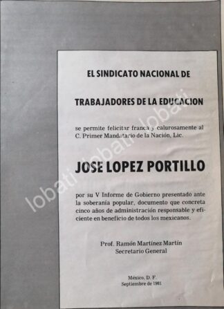 CARTEL ANTIGUO ORIGINAL DE SINDICATO DE MAESTROS FELICITA A JOSE LOPEZ PORTILLO 1981 /69