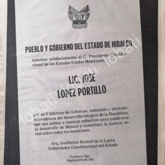 CARTEL ANTIGUO ORIGINAL DE GOBIERNO DE HIDALGO FELICITA A JOSE LOPEZ PORTILLO 1981 /68