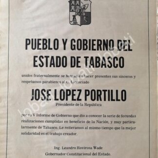 CARTEL ANTIGUO ORIGINAL DE GOBIERNO DE TABASCO FELICITA A JOSE LOPEZ PORTILLO 1981 /67