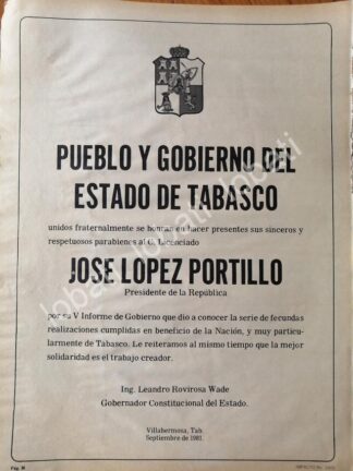 CARTEL ANTIGUO ORIGINAL DE GOBIERNO DE TABASCO FELICITA A JOSE LOPEZ PORTILLO 1981 /67