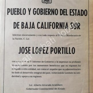 CARTEL ANTIGUO ORIGINAL DE BAJA CALIFORNIA SUR FELICITA A JOSE LOPEZ PORTILLO 1981 /66