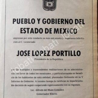 CARTEL ANTIGUO ORIGINAL DE ESTADO DE MEXICO FELICITA A JOSE LOPEZ PORTILLO 1981 /64