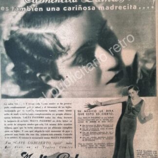 CARTEL ANTIGUO ORIGINAL DE CERVEZA MALTA PALERMO Y CARMEN LAMAS 1934 FEP