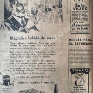 CARTEL ANTIGUO ORIGINAL DE CERVEZA DE MALTA PALERMO Y MAS 1926