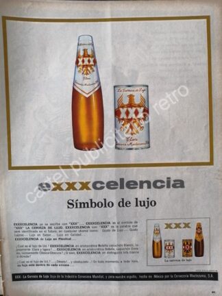 CARTEL ANTIGUO ORIGINAL DE CERVEZA XXX 1960s CERVECERIA MOCTEZUMA /8