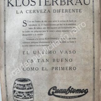 CARTEL ANTIGUO ORIGINAL DE CERVEZA KLOSTERBRAU 1922 /RARO