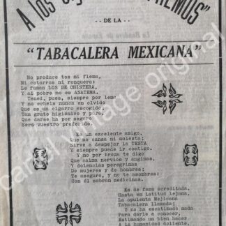 CARTEL ANTIGUO ORIGINAL DE CIGARROS SUPREMOS. TABACALERA MEXICANA S.A 1912