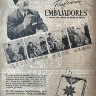 CARTEL ANTIGUO ORIGINAL DE CIGARROS EMBAJADORES 1942