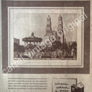 CARTEL ANTIGUO ORIGINAL DE CIGARROS BELMONT Y PLAZA PRINCIPAL DE CHIHUAHUA 1951