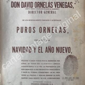 CARTEL ANTIGUO ORIGINAL DE CIGARROS PUROS ORNELAS 1960s /RARO