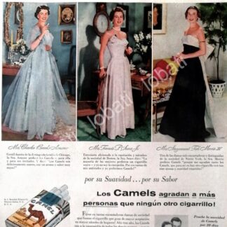 CARTEL ANTIGUO ORIGINAL DE CIGARROS CAMEL Y DAMAS DE LA ALTA SOCIEDAD DE N.Y 1950s