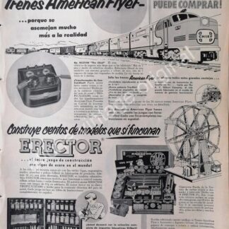 CARTEL ANTIGUO ORIGINAL DE TRENES DE LAMINA AMERICAN FLYER 1954 MODELOS ERECTOR