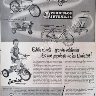 CARTEL ANTIGUO ORIGINAL DE TRICICLOS Y BICICLETAS AMERICAN MACHINE 1956