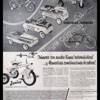 CARTEL ANTIGUO ORIGINAL DE TRICICLOS Y CARRITOS DE LAMINA AMERICAN MACHINE 1958