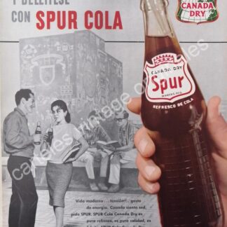 CARTEL ANTIGUO ORIGINAL DE REFRESCO CANADA DRY SPUR COLA Y LA BIBLIOTECA UNAM 1960