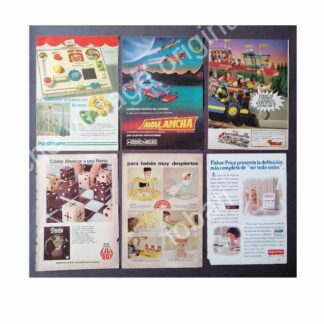 CARTEL ANTIGUO ORIGINAL DE SET DE 6 JUGUETES CLASICOS DE LOS 1970s 80s