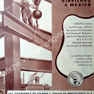 CARTEL ANTIGUO ORIGINAL DE COMPAÑIA FUNDIDORA DE FIERRO Y ACERO DE MONTERREY 1956