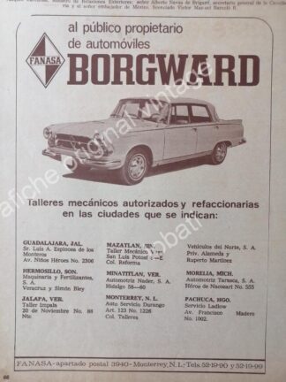 CARTEL ANTIGUO ORIGINAL DE AUTOS BORGWARD 1971 MONTERREY, MEXICO