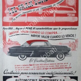 CARTEL ANTIGUO ORIGINAL DE AUTOS FORD CRESLINE 1953. AUTOMOTRIZ MONTERREY S.A