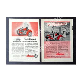 CARTEL ANTIGUO ORIGINAL DE 2 AFICHES DE MOTOCICLETAS INDIAN 1940s