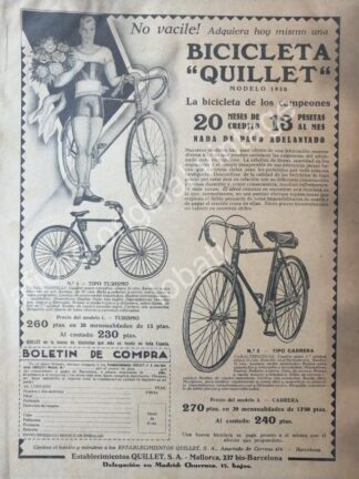 CARTEL ANTIGUO ORIGINAL DE BICICLETAS QUILLET 1930