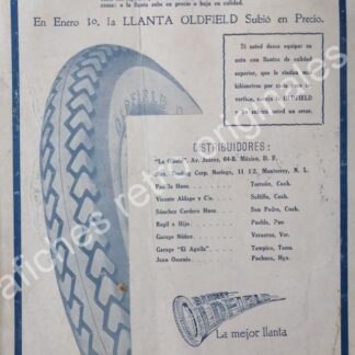 CARTEL ANTIGUO ORIGINAL DE LLANTAS OLDFIELD 1922. MEXICAN TRADING CORPORATION -RARO