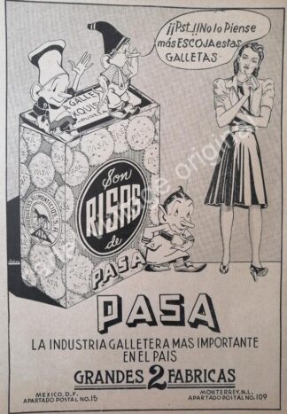 CARTEL ANTIGUO ORIGINAL DE GALLETAS SONRISAS DE GALLETAS PASA 1941 MONTERREY