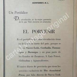 CARTEL ANTIGUO ORIGINAL DE PERIODICO EL PORVENIR 1942 MONTERREY