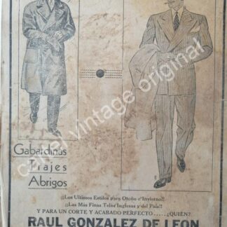 CARTEL ANTIGUO ORIGINAL DE SASTRERIA DE RAUL GONZALEZ DE LEON 1942 MONTERREY