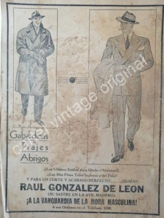 CARTEL ANTIGUO ORIGINAL DE SASTRERIA DE RAUL GONZALEZ DE LEON 1942 MONTERREY