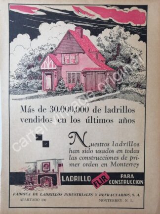 CARTEL ANTIGUO ORIGINAL DE FABRICA DE LADRILLOS. FLIR 1942 MONTERREY