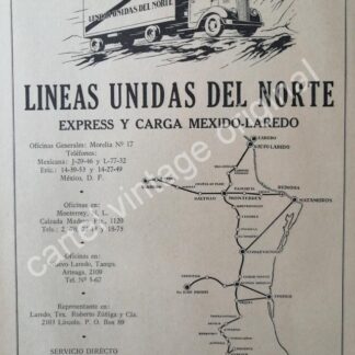 CARTEL ANTIGUO ORIGINAL DE LINEAS UNIDAS DEL NORTE S.A 1944 MONTERREY