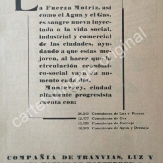 CARTEL ANTIGUO ORIGINAL DE COMPAÑIA DE LUZ Y FUERZA DE MONTERREY 1942