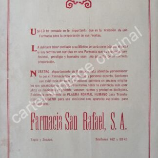CARTEL ANTIGUO ORIGINAL DE FARMACIA SAN RAFAEL. MONTERREY 1959