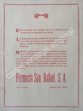CARTEL ANTIGUO ORIGINAL DE FARMACIA SAN RAFAEL. MONTERREY 1959