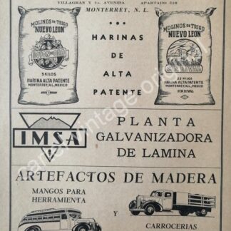 CARTEL ANTIGUO ORIGINAL DE IMSA. INDUSTRIAS MONTERREY 1941