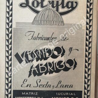 CARTEL ANTIGUO ORIGINAL DE FABRICA DE ROPA LOLYTA 1942 MONTERREY / RARO