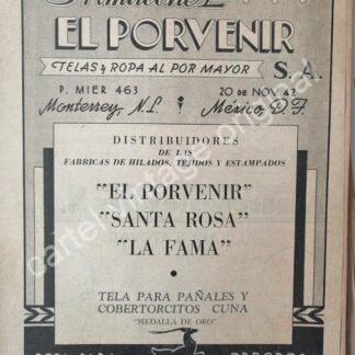 CARTEL ANTIGUO ORIGINAL DE ROPA Y TELAS. ALMACENES EL PORVENIR, MONTEREY 1943