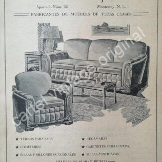 CARTEL ANTIGUO ORIGINAL DE MUEBLERIAS. MUEBLES S.A ( SALINAS Y ROCHA ) 1942 MONTERREY
