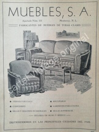 CARTEL ANTIGUO ORIGINAL DE MUEBLERIAS. MUEBLES S.A ( SALINAS Y ROCHA ) 1942 MONTERREY