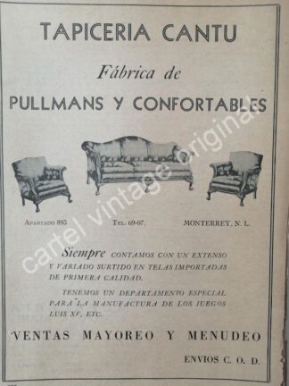CARTEL ANTIGUO ORIGINAL DE TAPICERIA CANTU 1942 MONTERREY