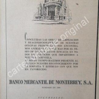 CARTEL ANTIGUO ORIGINAL DE BANCO MERCANTIL DE MONTERREY 1942