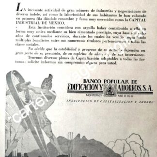 CARTEL ANTIGUO ORIGINAL DE BANCO POPULAR DE EDIFICACION MONTERREY 1942