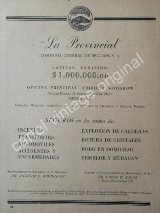 CARTEL ANTIGUO ORIGINAL DE SEGUROS LA PROVINCIAL 1941 MONTERREY