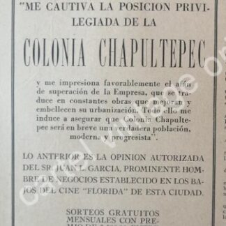 CARTEL ANTIGUO ORIGINAL DE INAUGURAN LA COLONIA. CHAPULTEPEC 1944 MONTERREY